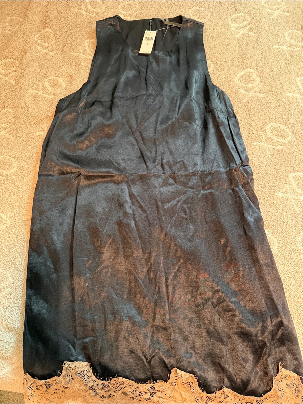 Anthropologie Black Satin Shift Dress with Cream Lace Hem